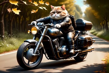 cat biker on a motorcycle rides down the road