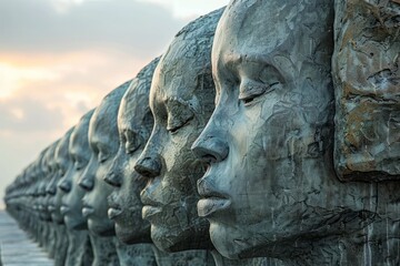 Obraz premium Row of Serene Stone Statues of Womens Faces