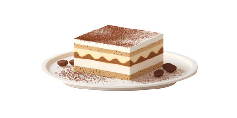 Delicious Italian tiramisu cake presented on a white platter, with a slice cut out to reveal its creamy layers