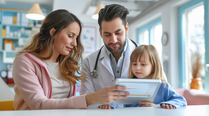 Pediatrician Showing Digital Tablet to Young Girl and Her Mother During Consultation