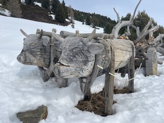 wooden bulls in the mountains in snow