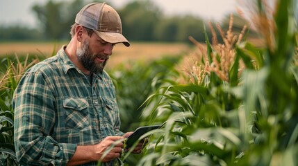 Farmer Examining Crops with Digital Tablet in Corn Field, Embracing Technology for Smart Agriculture