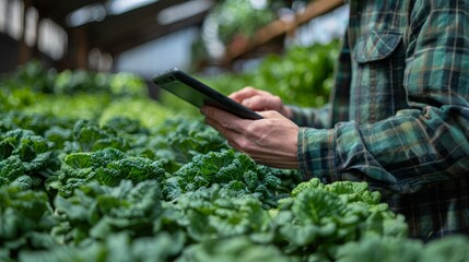 Farmer using digital tablet in kale field, monitoring crop growth through agricultural technology. Concept of modern sustainable farming, data analysis and smart agriculture