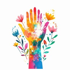 Colorful watercolor hand with flowers.