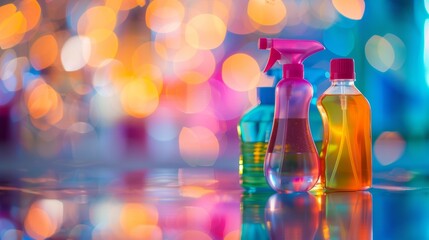 Variety of cleaning products on bokeh background, Home cleaning concept