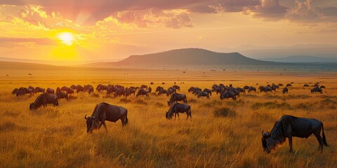 Naklejka na ściany i meble A group of wildebeests grazing, the panoramic savanna landscape stretching into the horizon, with the setting sun casting a warm glow over the distant mountains.