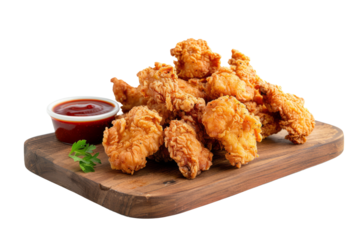 Country-Style Fried Chicken: Crispy fried chicken pieces on a wooden board with dipping sauces.
