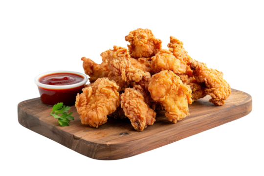 Country-Style Fried Chicken: Crispy fried chicken pieces on a wooden board with dipping sauces.