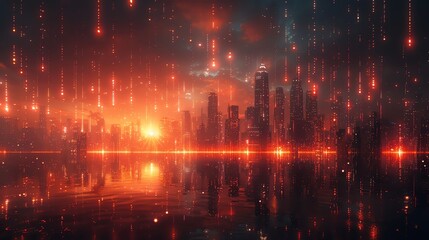 The essence of city skylines melded with financial data in a dynamic, abstract style using digital glitch art techniques, reflecting a modern, forward-thinking perspective