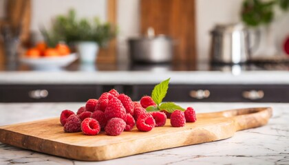 A selection of fresh fruit: raspberries, sitting on a chopping board against blurred kitchen...