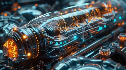 Closeup of a futuristic engine with electric blue lights on automotive exterior - obrazy, fototapety, plakaty