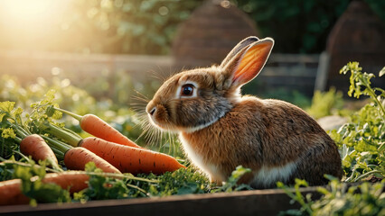 Rabbit in vegetable garden by the basket full of carrots