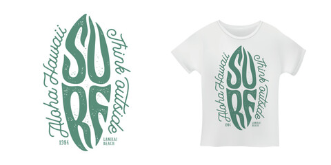 Surf typography t-shirt design. Hand drawn surfboard lettering print. Aloha Hawaii apparel design. Vector illustration.