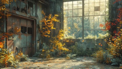 Create a scene where nature fights against industrial decay from an unexpected angle - show a vibrant forest reclaiming an abandoned factory in vivid watercolor - obrazy, fototapety, plakaty