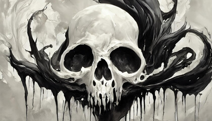 Abstract illustration on human skull, black and white paint
