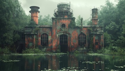 A scene where nature fights against industrial decay from an unexpected angle - show a vibrant forest reclaiming an abandoned factory in vivid watercolor - obrazy, fototapety, plakaty