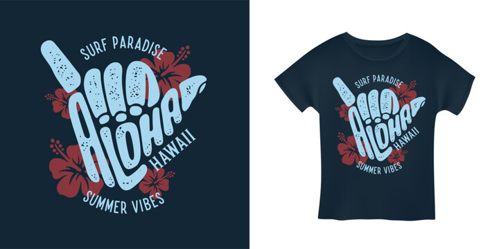 Aloha hawaii shaka sign t-shirt print. Surf paradise, pacific ocean typography. Surfing related apparel design. Vector vintage illustration.