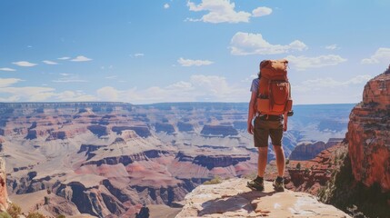 A lone backpacker standing on a cliff overlooking a vast canyon, the expansive view symbolizing the freedom and introspection found in nature's grandeur. - Powered by Adobe