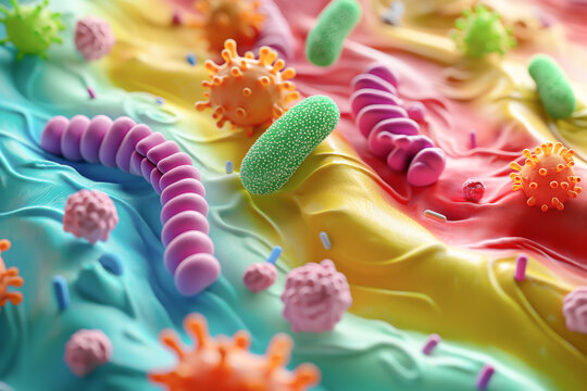 Cute and colorful 3D bacteria and microorganism. Colorful abstract background of microscopic bacteria and microorganism cells