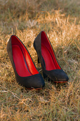 Black women's shoes on the grass. Suede women's high heel shoes