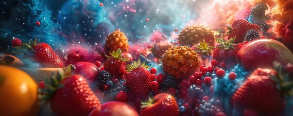 Fototapeta na wymiar A surreal, cosmic-inspired scene with a bountiful assortment of berries and fruits, sparkling with droplets as if suspended in a celestial space. 