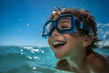 Fototapeta premium Little brunette kid at outdoors with diving goggles