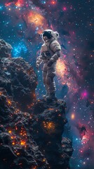 Obraz na płótnie Canvas Imagine a pixel art scene showcasing a space odyssey where two cosmonauts share an intimate moment on a surreal, floating asteroid amid a galaxy filled with twinkling stars and nebulae