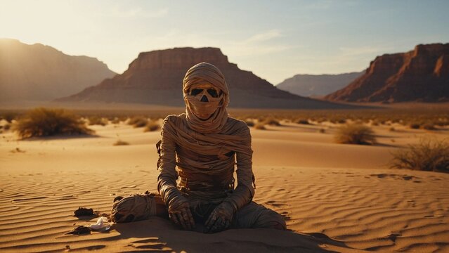 A picture of a mummy in the desert at sunset