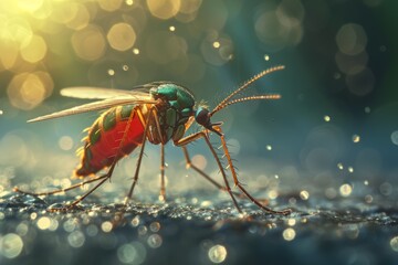 Vibrant red and green mosquito on sparkling wet surface with bokeh background. Macro close up of colorful insect, nature and wildlife photography