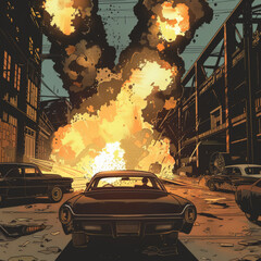 70s gangster comic, dramatic warehouse explosion, vintage cars, moody lighting - obrazy, fototapety, plakaty