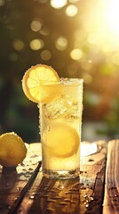 A frosty glass of lemonade, condensation beading on the surface, set on a rustic wooden table Golden hour sunlight filters through, casting a warm glow on the scene, highlighting the vibrant yellow of