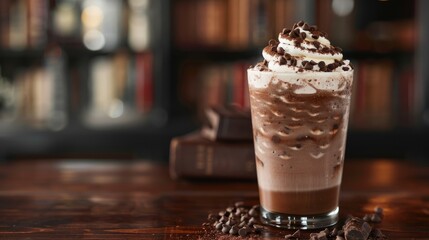 A decadent chocolate chip frappuccino, overflowing with whipped cream and topped with chocolate shavings and a light dusting of cocoa powder The glass sits on a dark, wooden table, with a blurred back