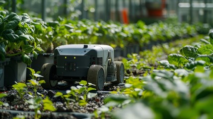 Greenhouse robot tending to plants using artificial intelligence and automation for agricultural innovation
