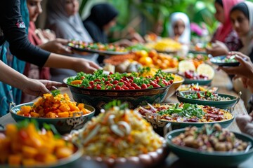 Ramadan feast buffet with traditional Muslim dishes, hands reaching for spicy curries, vegetable salads and savory delights. Celebration of holy month, community gathering, cultural diversity. - obrazy, fototapety, plakaty