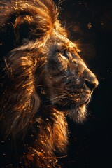 portrait of a lion's head on a black background. The illustration
