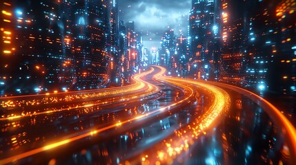 Visualize the concept of Long shot Financial Trends with a digital rendering technique that merges abstract art and urban exploration Utilize CG 3D rendering to create a futuristic cityscape intertwin