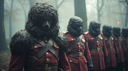 Group of male werewolf werewolves dressed in matching red uniforms stand close together