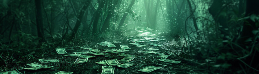 Money laid out as bait on a path through a dark forest, with hidden cords ready to entrap the unwary. - obrazy, fototapety, plakaty