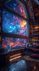 A cozy space cabin with a large bay window overlooking a vibrant galaxy, where an AI personal assistant learns from the patterns of the stars