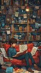 Obraz na płótnie Canvas A cozy study filled with doodlecovered notebooks, where scientific formulas whimsically animate around a relaxed reader