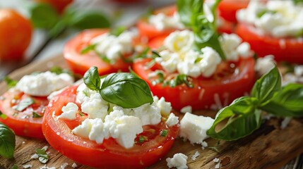 Tomato and Cottage Cheese Snack with Basil Leaves