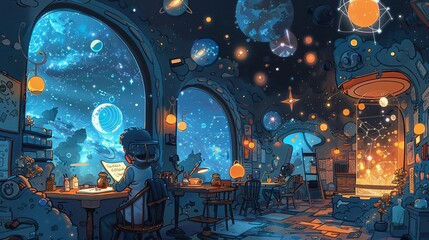 A doodlefilled observatory where astronomers sketch constellations and celestial bodies while sipping calming herbal tea - obrazy, fototapety, plakaty