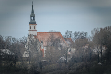 A tree without leaves and the Simanis Church of Valmiera in the fog.