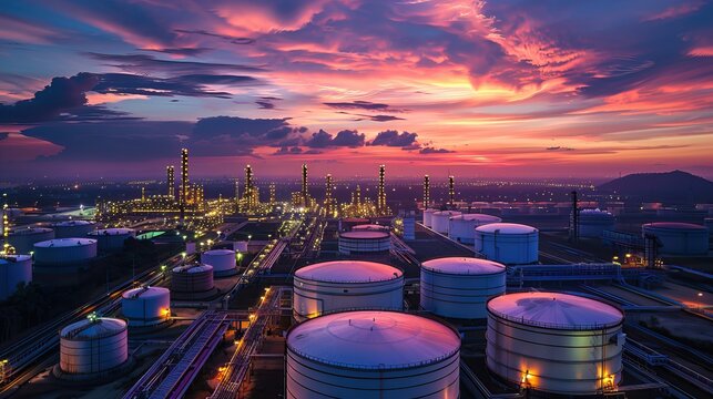 Aerial View of Oil Storage Facility at Sunset