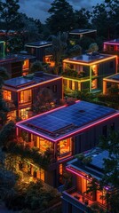A sustainable housing development with homes featuring neon accents that power themselves through integrated solar panels