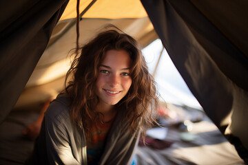 Young pretty brunette girl at indoors inside a camping tent
