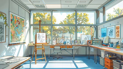 An art therapy room in a psychiatric study center, where patients doodle their feelings and learn about psychology in a calming environment