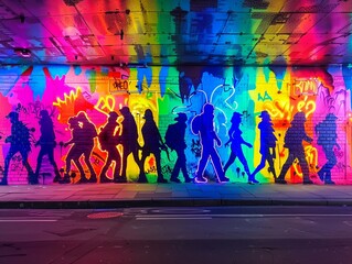 Graffiti wall meetup, neon art, street gangs negotiating territory, wide shot, urban edge - obrazy, fototapety, plakaty