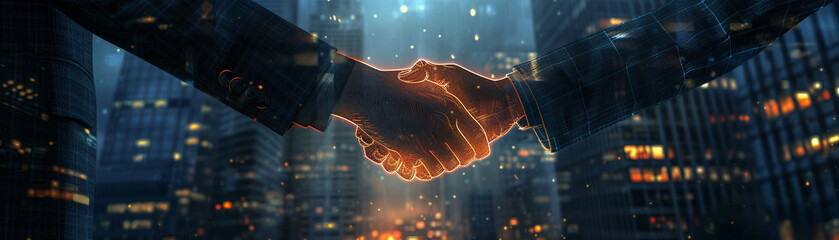 A glowing handshake bridging two corporate towers, symbolizing partnership and strong communication. - obrazy, fototapety, plakaty