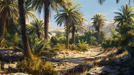 Fototapeta na wymiar Within a concealed oasis, date palms sway in the breeze, their luscious fruit providing